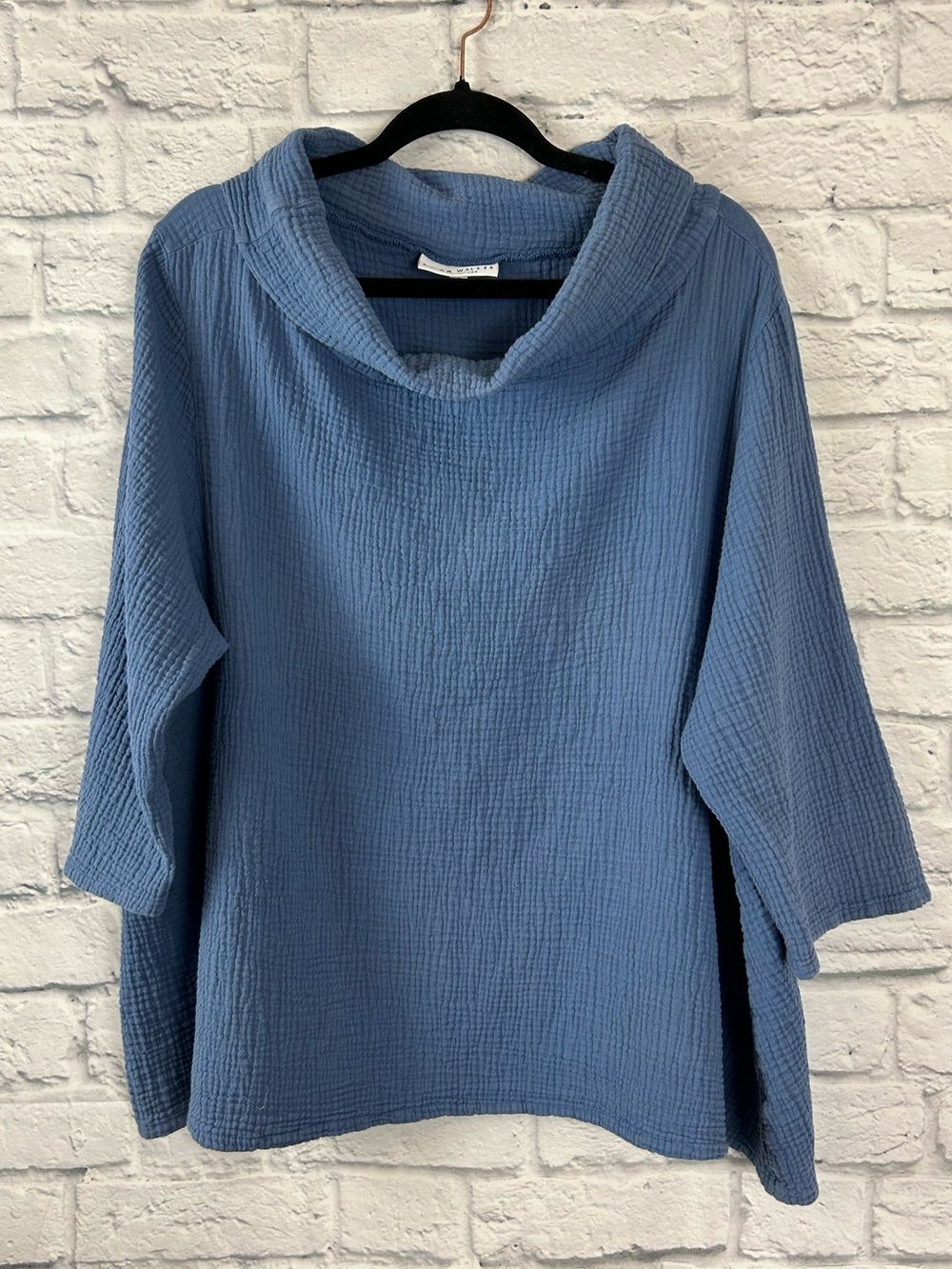 Bryn Walker 1X Blue Cotton Gauze Cowl Neck Oversized Tunic Top Made USA